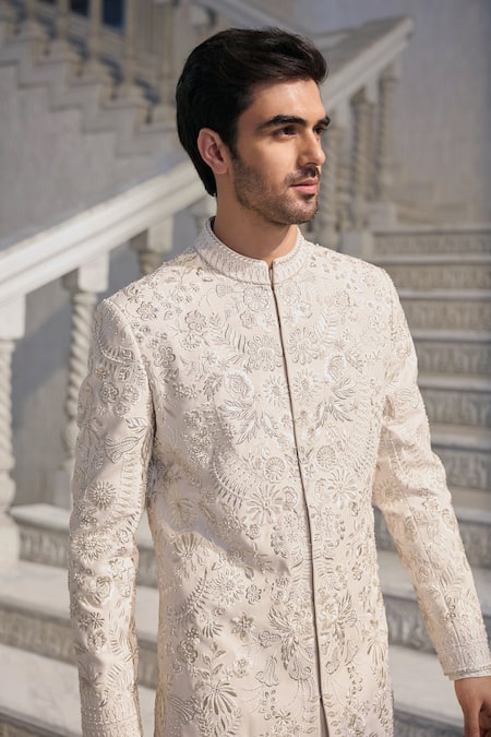 Seema Gujral_Ivory Silk, Crepe Embroidery Sherwani Set _Online_at_Aza_Fashions