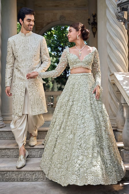 Seema Gujral_Cream Silk Sequins, Embroidery Sherwani And Dhoti Pant Set _Online_at_Aza_Fashions