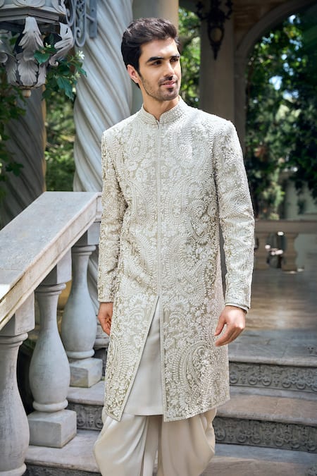 Buy_Seema Gujral_Cream Silk Sequins, Embroidery Sherwani And Dhoti Pant Set _Online_at_Aza_Fashions