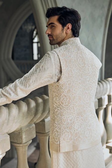 Seema Gujral Beige Silk Embroidery Bundi Kurta And Pant Set Online at Aza Fashions Seema Gujral_Beige Silk Embroidery Bundi Kurta And Pant Set _Online_at_Aza_Fashions