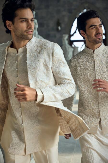 Seema Gujral Beige Silk Embroidery Bundi Kurta And Pant Set at Aza Fashions Seema Gujral_Beige Silk Embroidery Bundi Kurta And Pant Set _at_Aza_Fashions