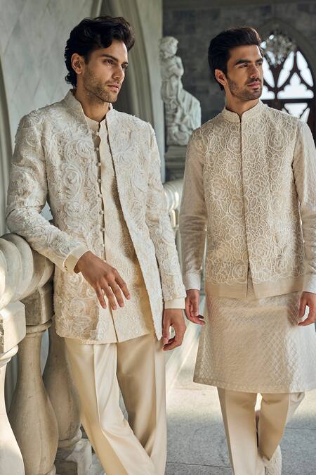 Buy Seema Gujral Beige Silk Embroidery Bundi Kurta And Pant Set Buy_Seema Gujral_Beige Silk Embroidery Bundi Kurta And Pant Set