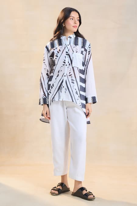 Vedika M White Cotton, Linen Collared Chevron Shell Shirt Set 