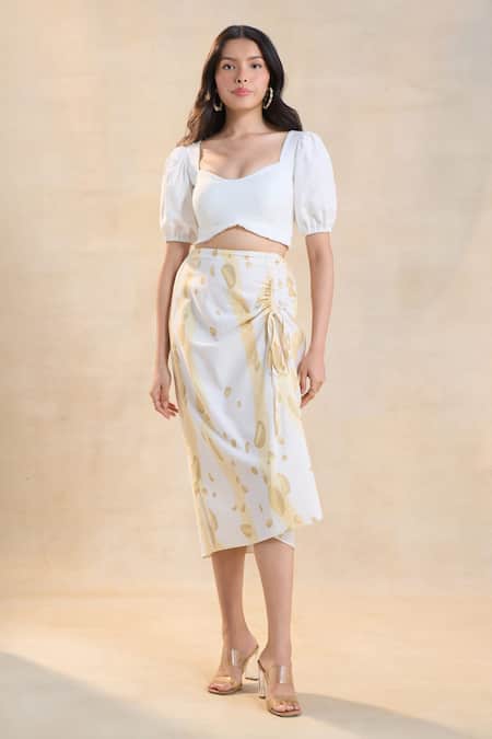 Vedika M White Linen Waterdrop Drawstring Skirt Set 