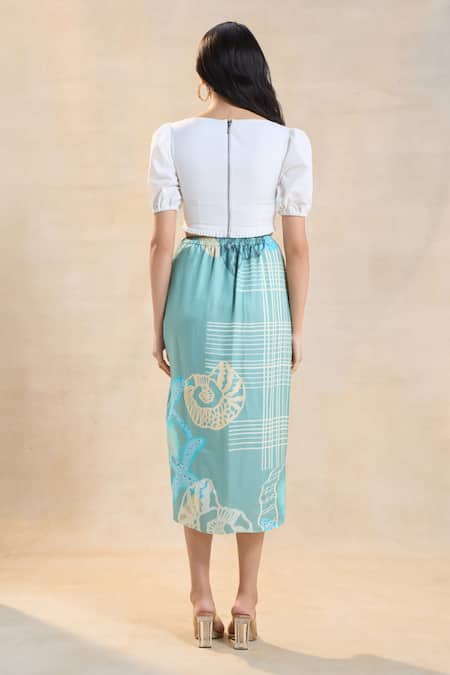 Shop Vedika M White Linen, Satin Square Neck Blue Ocean Drawstring Skirt Set at Aza Fashions Shop_Vedika M_White Linen, Satin Square Neck Blue Ocean Drawstring Skirt Set _at_Aza_Fashions