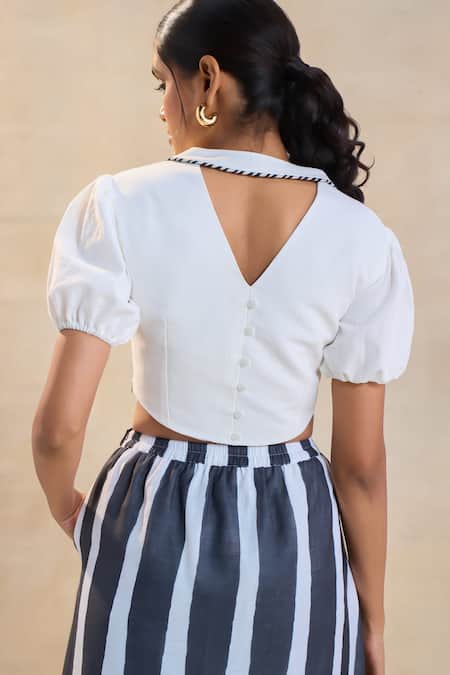 Shop_Vedika M_Black Cotton, Linen Collared And White Corset Skirt Set _at_Aza_Fashions