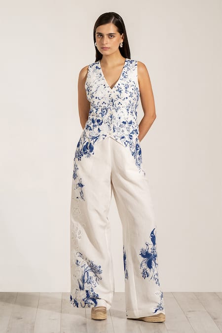 RANNA GILL Cream Viscose Embroidery Mira Wide Leg Pants 