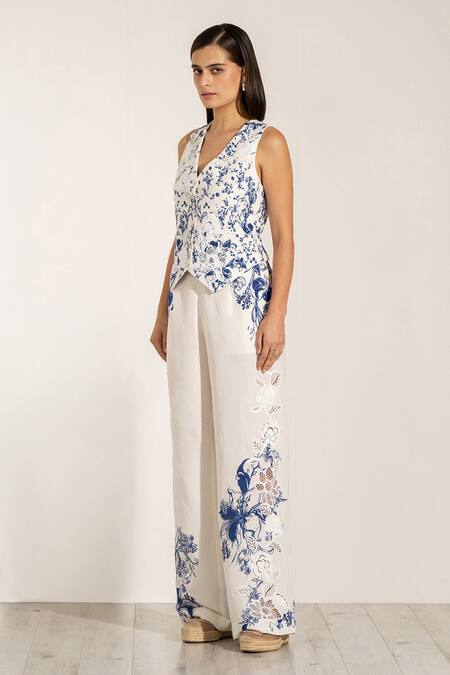 Shop_RANNA GILL_Cream Viscose Embroidery Mira Wide Leg Pants_Online_at_Aza_Fashions