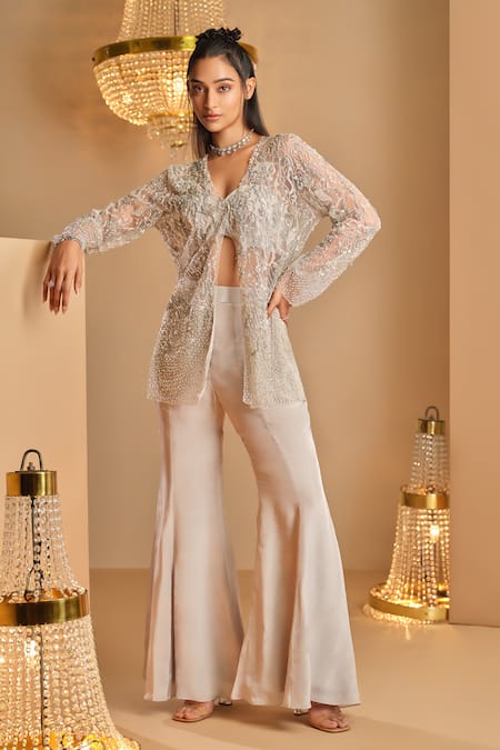 K&A By Karishma and Ashita Silver Net, Crepe Beads, Embroidery V-neck Embellished Jacket And Pant Set 
