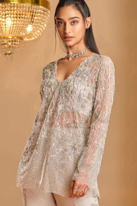 Buy_K & A By Karishma And Ashita_Silver Net, Crepe Beads, Embroidery V-neck Embellished Jacket And Pant Set _Online_at_Aza_Fashions