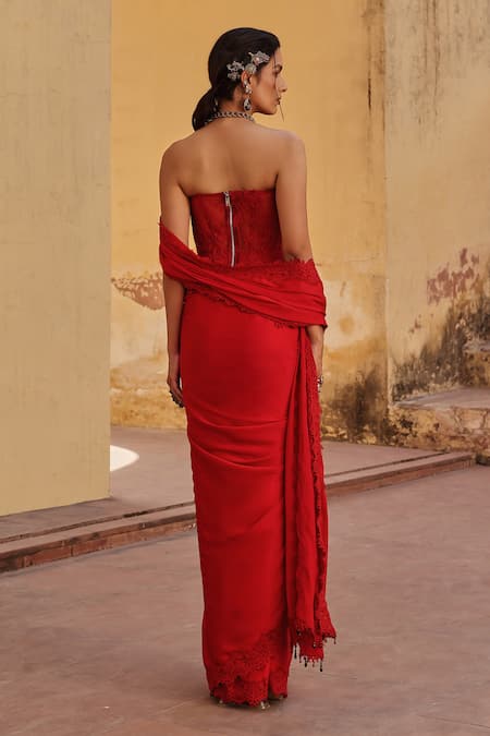 Label Moni K Red Satin Pre-Draped Saree & Blouse Set 