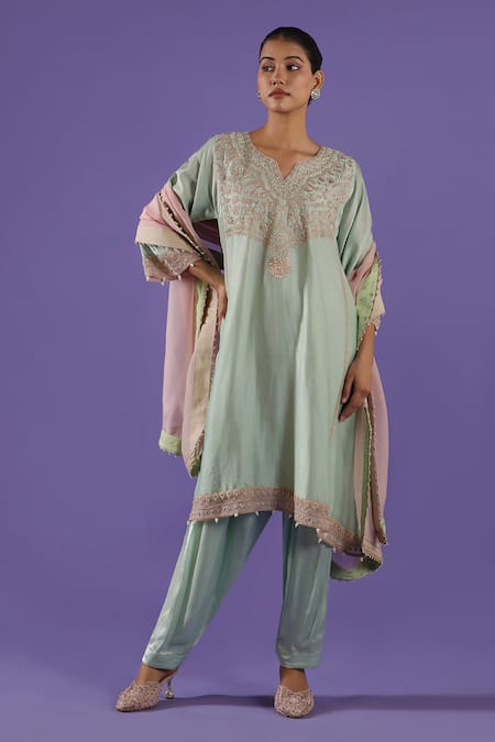 LABEL RADINI Blue Chanderi Embroidery Split V-neck Pastel Kurta Set 