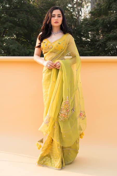 Shreeka Lavender Silk Organza Sequins, Embroidery Lime Green Banarasi Tissue Saree Set 