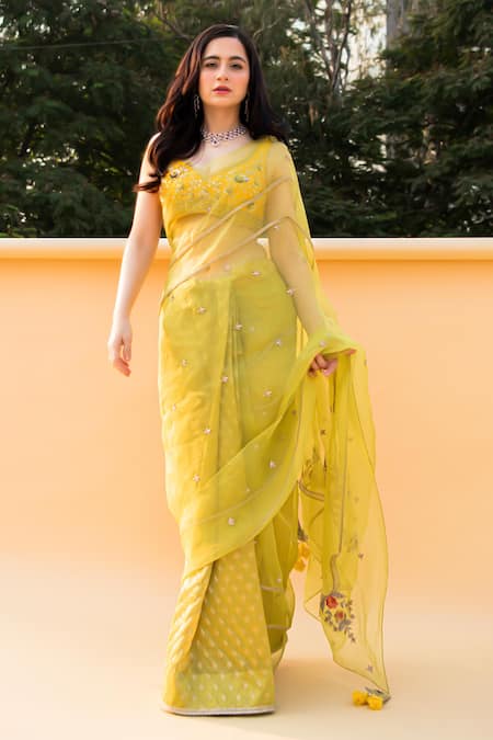 Shreeka Lime Green Banarasi Tissue Saree Set 