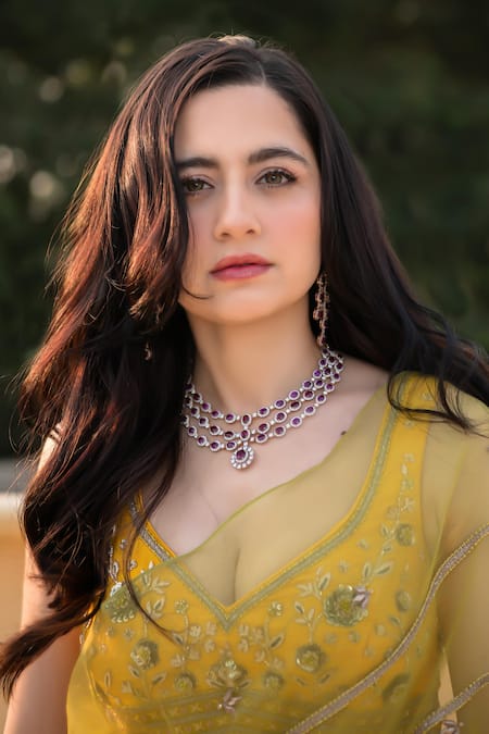 Buy_Shreeka_Lavender Silk Organza Sequins, Embroidery Lime Green Banarasi Tissue Saree Set _Online_at_Aza_Fashions