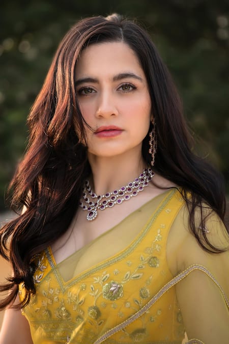 Shop_Shreeka_Lavender Silk Organza Sequins, Embroidery Lime Green Banarasi Tissue Saree Set _Online_at_Aza_Fashions