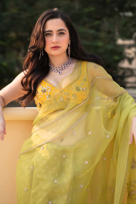 Shreeka_Lavender Silk Organza Sequins, Embroidery Lime Green Banarasi Tissue Saree Set _at_Aza_Fashions