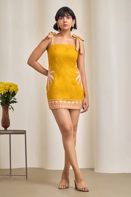 MAISOLOS Mustard Cotton, Linen Embroidery Square Neck Short Dress 