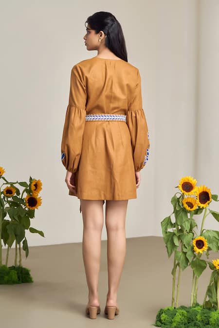 Shop_Maisolos_Brown Cotton, Linen Embroidery Button-down Neck Short Dress _at_Aza_Fashions
