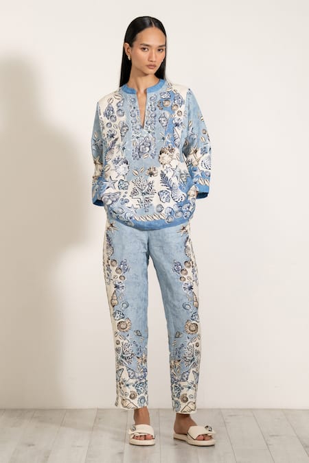 RANNA GILL Sky Blue Viscose Embroidery Split V-neck Printed Miranda Top 
