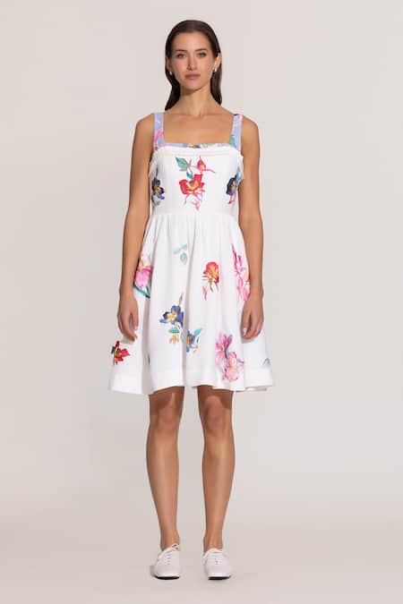 RANNA GILL Ivory Linen, Viscose Embroidery Square Neck Floral Mini Dress 