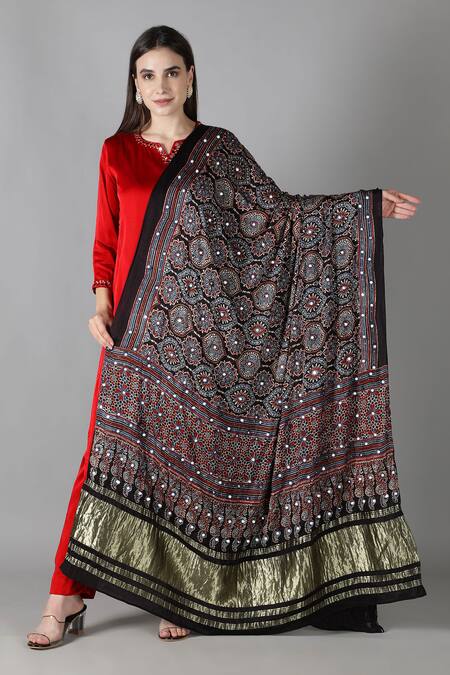 Shop_Sheeshakari_Red Silk Embroidery, Sequins Printed Kurta Set _Online_at_Aza_Fashions