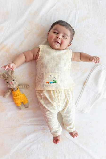 Tiber Taber Yellow Cotton Embroidery Rail Striped Jhabla Set 