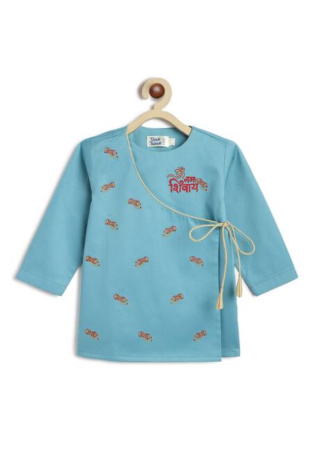 Tiber Taber_Blue Cotton Embroidery Shiv Damru Kurta Pyjama Set _Online_at_Aza_Fashions