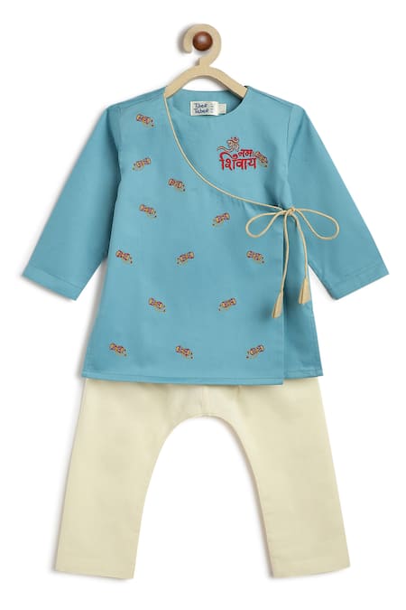 Shop_Tiber Taber_Blue Cotton Embroidery Shiv Damru Kurta Pyjama Set 
