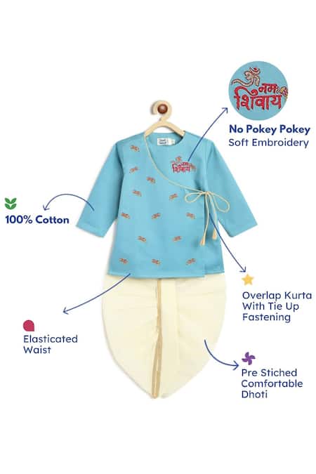 Buy_Tiber Taber_Blue Cotton Embroidery Shiv Damru Dhoti Kurta Set _Online_at_Aza_Fashions