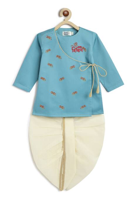 Tiber Taber_Blue Cotton Embroidery Shiv Damru Dhoti Kurta Set _at_Aza_Fashions