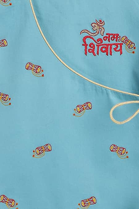 Shop_Tiber Taber_Blue Cotton Embroidery Shiv Damru Dhoti Kurta Set 