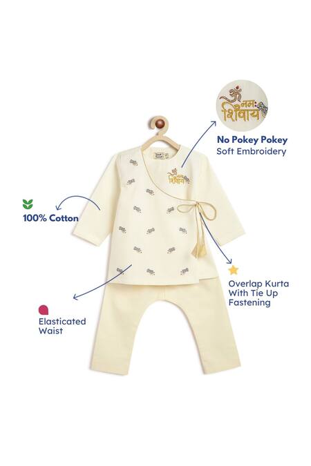 Buy_Tiber Taber_Cream Cotton Embroidery Shiv Damru Kurta Pyjama Set _Online_at_Aza_Fashions