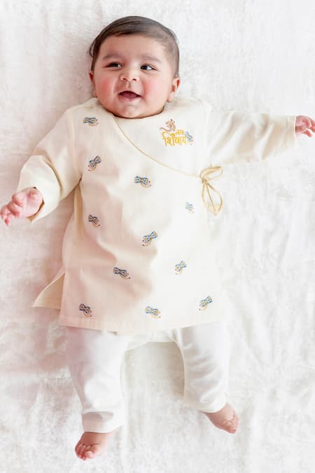 Tiber Taber Cream Cotton Embroidery Shiv Damru Kurta Pyjama Set 