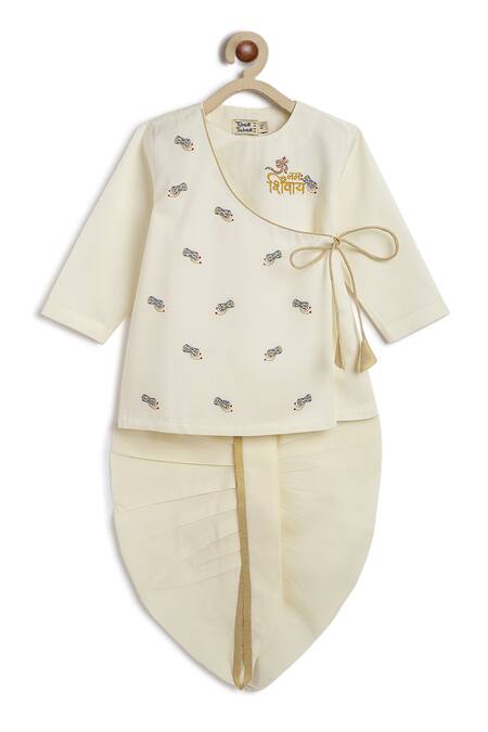 Shop_Tiber Taber_Cream Cotton Embroidery Shiv Damru Kurta Dhoti Pant Set 