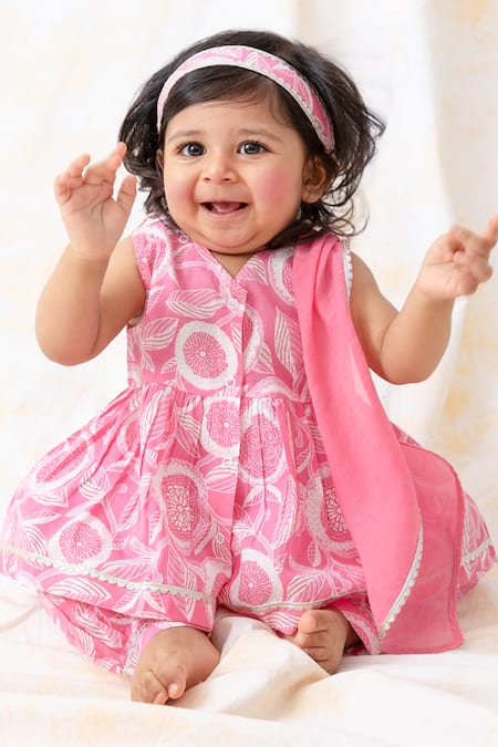 Tiber Taber Pink Cotton, Viscose Floral Suit Set 