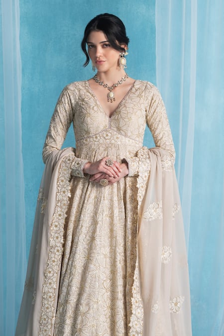 Buy_Lashkaraa_Beige Georgette, Satin Embroidery V-neck Designer Dusty Anarkali Set _Online_at_Aza_Fashions