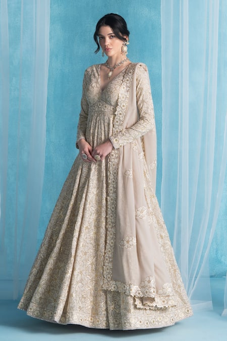 Shop_Lashkaraa_Beige Georgette, Satin Embroidery V-neck Designer Dusty Anarkali Set _Online_at_Aza_Fashions