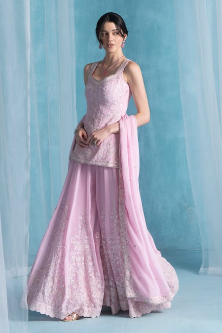 Buy Lashkaraa Pink Georgette Embroidery Square Neck Kurta Sharara Set Online at Aza Fashions Buy_Lashkaraa_Pink Georgette Embroidery Square Neck Kurta Sharara Set _Online_at_Aza_Fashions