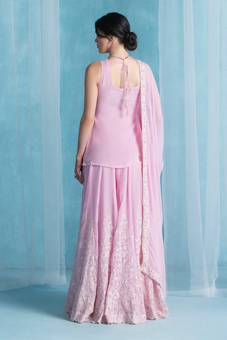 Lashkaraa Pink Georgette Embroidery Square Neck Kurta Sharara Set Online at Aza Fashions Lashkaraa_Pink Georgette Embroidery Square Neck Kurta Sharara Set _Online_at_Aza_Fashions