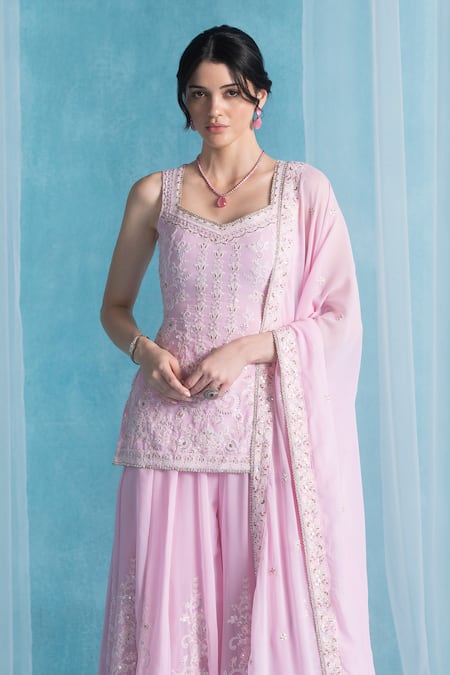Shop Lashkaraa Pink Georgette Embroidery Square Neck Kurta Sharara Set Online at Aza Fashions Shop_Lashkaraa_Pink Georgette Embroidery Square Neck Kurta Sharara Set _Online_at_Aza_Fashions