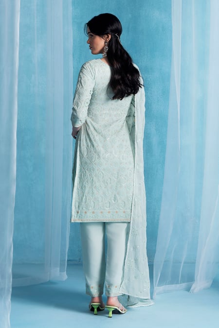 Lashkaraa Blue Georgette, Satin Embroidery Square Neck Soft Kurta Set Online at Aza Fashions Lashkaraa_Blue Georgette, Satin Embroidery Square Neck Soft Kurta Set _Online_at_Aza_Fashions