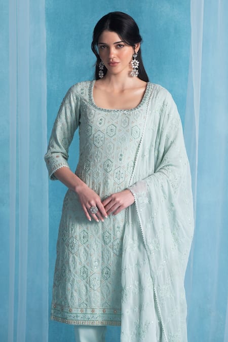 Buy Lashkaraa Blue Georgette, Satin Embroidery Square Neck Soft Kurta Set Online at Aza Fashions Buy_Lashkaraa_Blue Georgette, Satin Embroidery Square Neck Soft Kurta Set _Online_at_Aza_Fashions