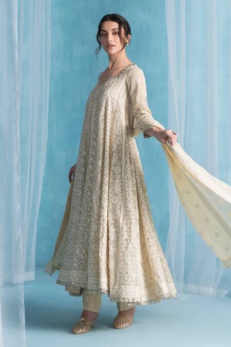 Lashkaraa_Beige Georgette, Shantoon Sequins Round Neck Designer Dusty Anarkali Set_Online_at_Aza_Fashions