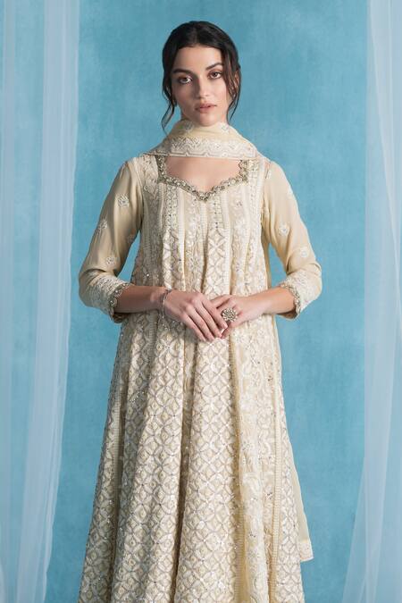 Buy_Lashkaraa_Beige Georgette, Shantoon Sequins Round Neck Designer Dusty Anarkali Set_Online_at_Aza_Fashions