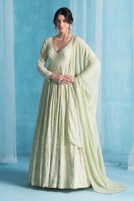 LASHKARAA Mint Georgette Embroidery V-neck Green Anarkali Set 