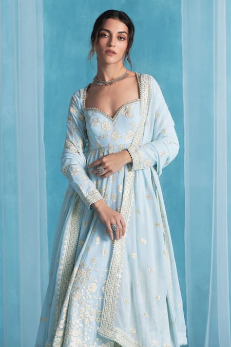 Buy_Lashkaraa_Sky Blue Georgette, Satin Embroidery Sweetheart Neck Anarkali Kurta Set _Online_at_Aza_Fashions
