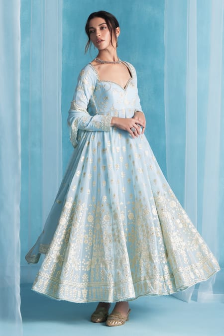 Shop_Lashkaraa_Sky Blue Georgette, Satin Embroidery Sweetheart Neck Anarkali Kurta Set _Online_at_Aza_Fashions