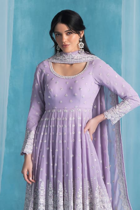 Buy Lashkaraa Purple Georgette, Satin Embroidery Round Neck Soft Anarkali Kurta Set Online at Aza Fashions Buy_Lashkaraa_Purple Georgette, Satin Embroidery Round Neck Soft Anarkali Kurta Set _Online_at_Aza_Fashions