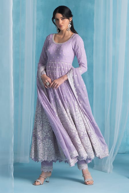 Shop Lashkaraa Purple Georgette, Satin Embroidery Round Neck Soft Anarkali Kurta Set Online at Aza Fashions Shop_Lashkaraa_Purple Georgette, Satin Embroidery Round Neck Soft Anarkali Kurta Set _Online_at_Aza_Fashions